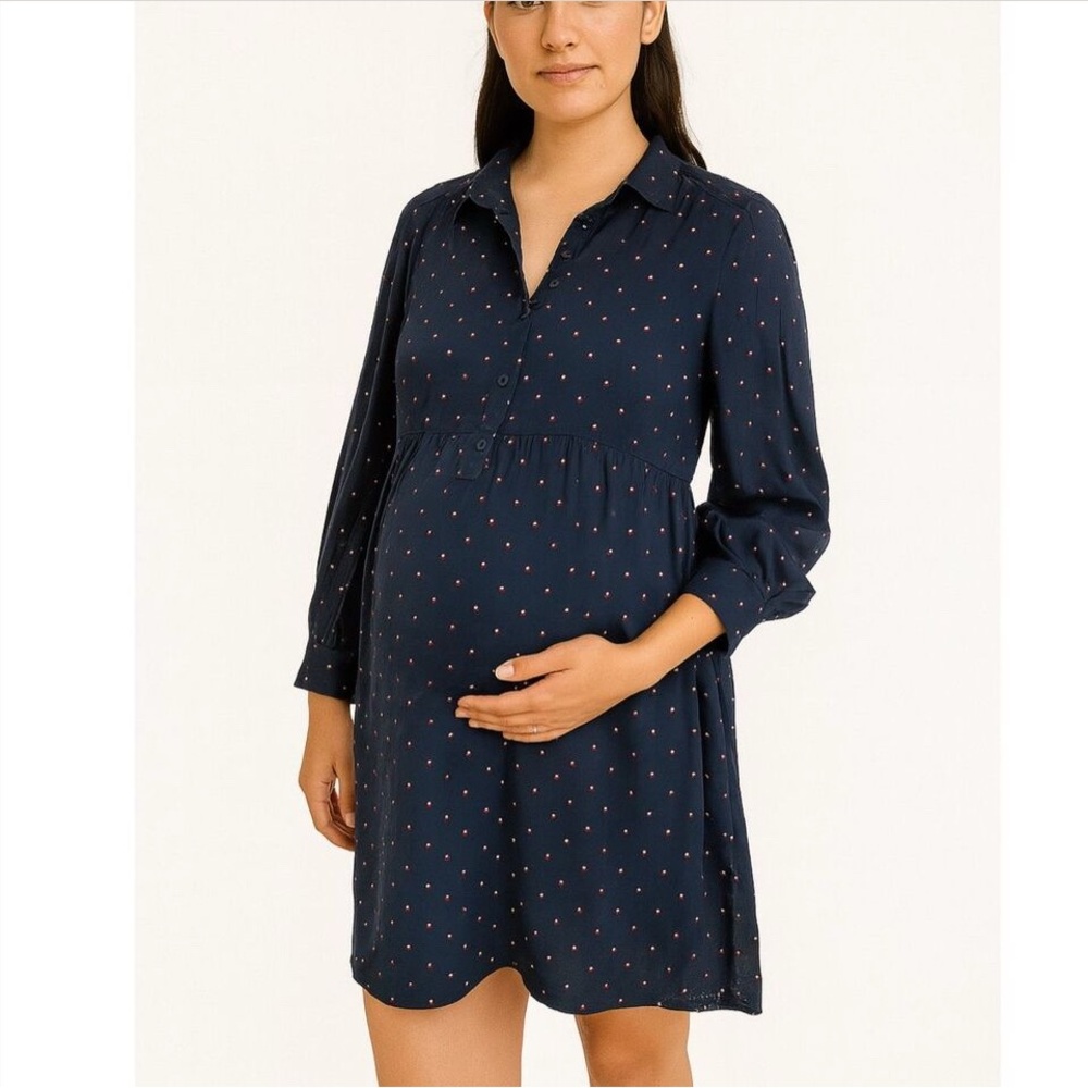 NWT HATCH Clara Shirtdress Long Sleeve Dress Navy Red Collared Size 0